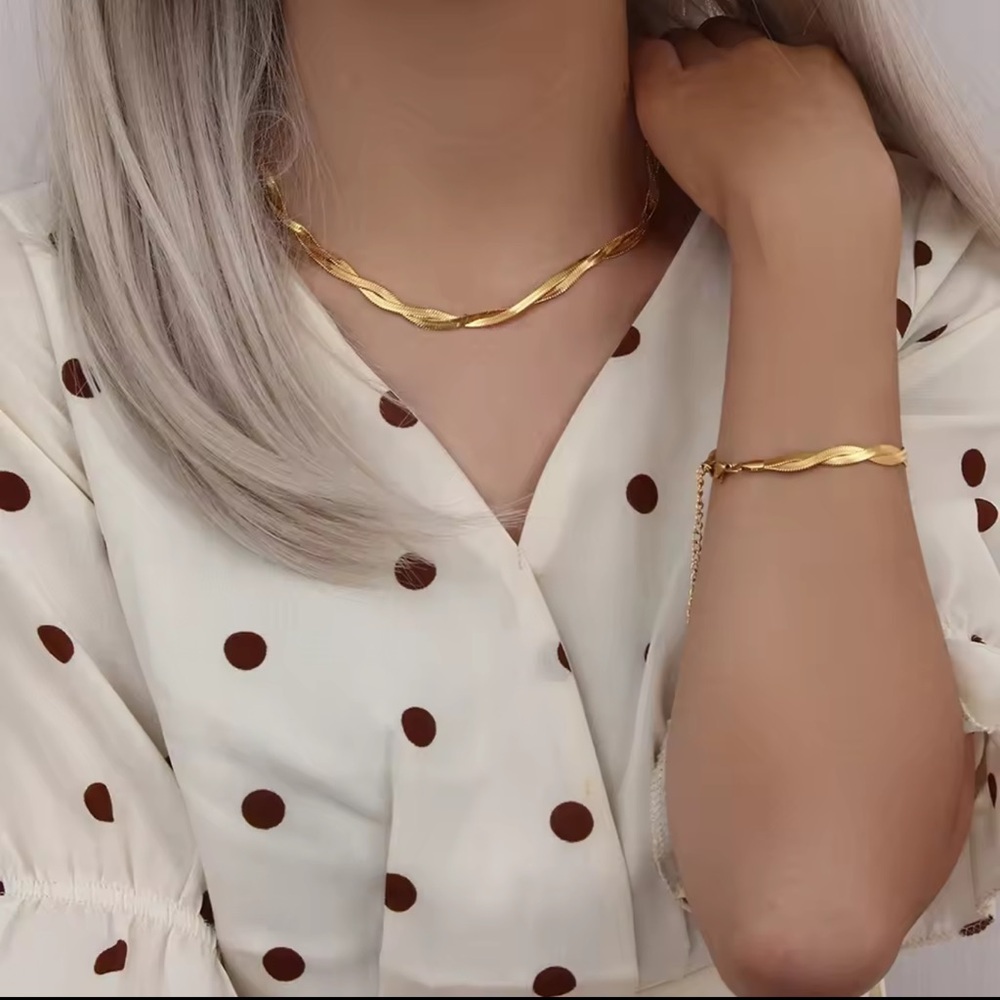 Braided New Herringbone Necklace Bracelet
 Gold 18K plated Set Stainless Steel